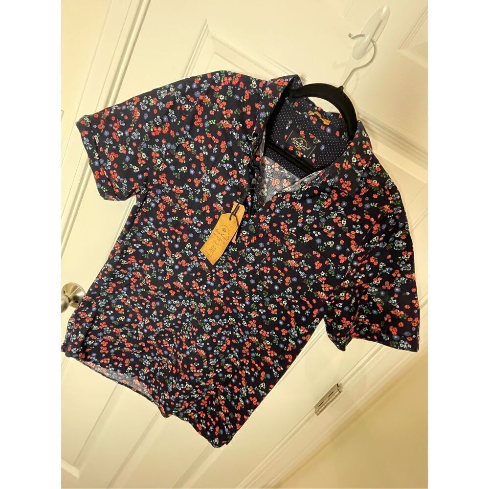 Across The Pond mens short sleeve button down shirt floral navy large